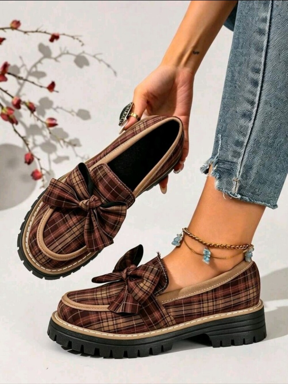 Women Loafers Plaid Bow Decor Platform Slip On Shoes For Adult Women Soft - Picture 2 of 5